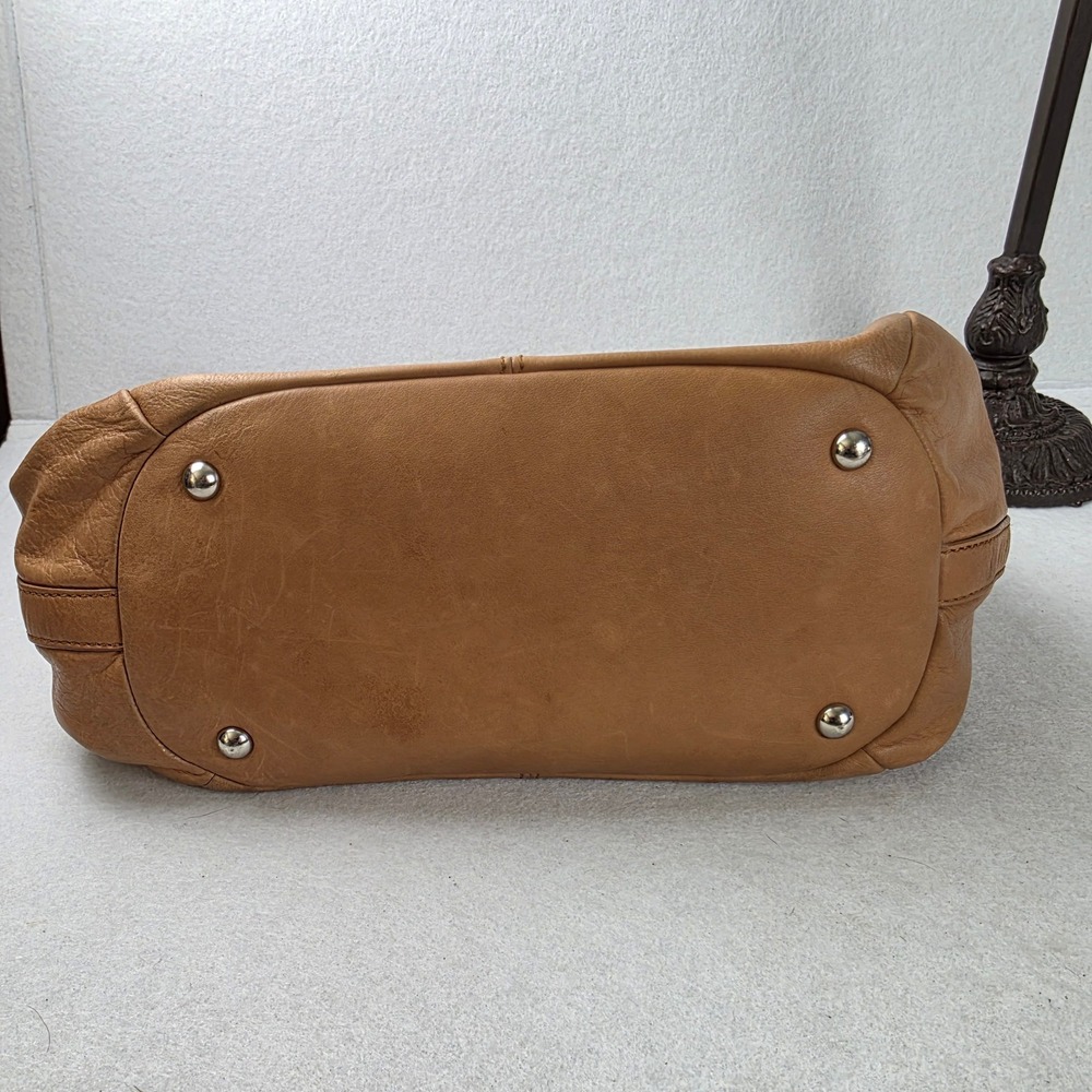 B Makowsky Tan Pebbled Leather Hobo Shoulder Bag Leopard Print Lining Drawstring - Picture 4 of 7